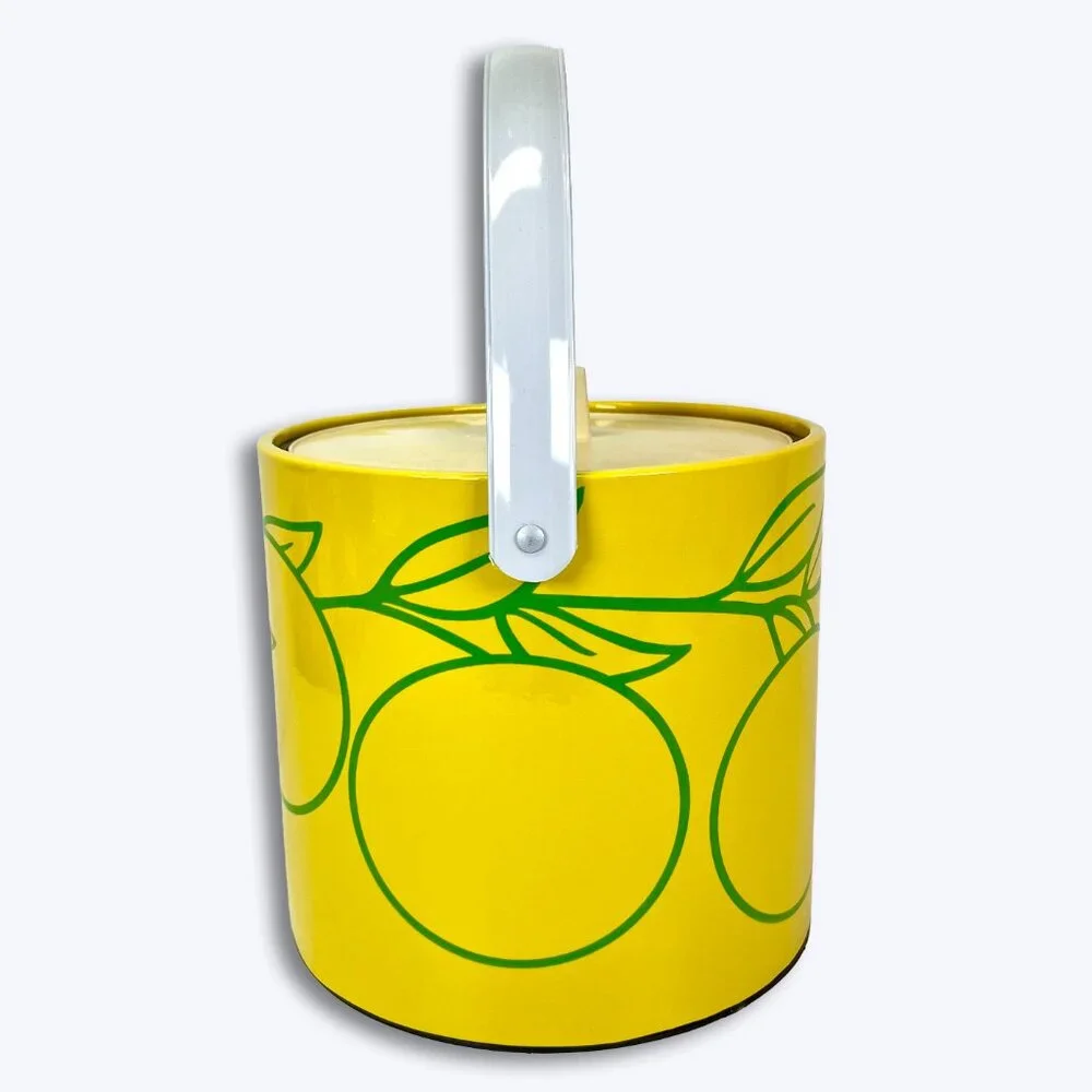 Vtg 70s Lemon Ice Bucket Vinyl Mod Pop Art Kitsch Retro Citrus Yellow Barware